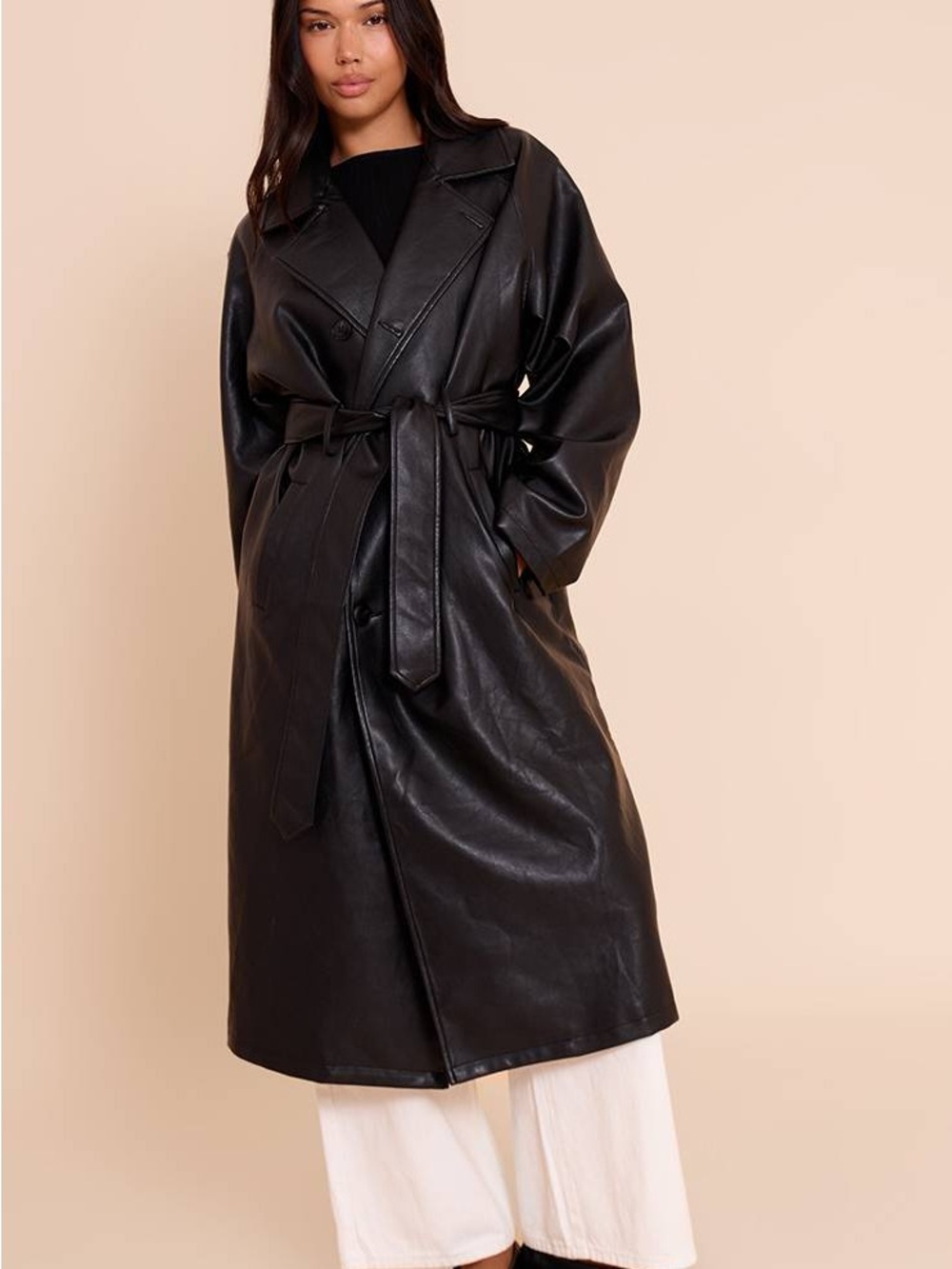 PrettyLittleThing Black Faux-Leather Belted Trench Coat size XS new